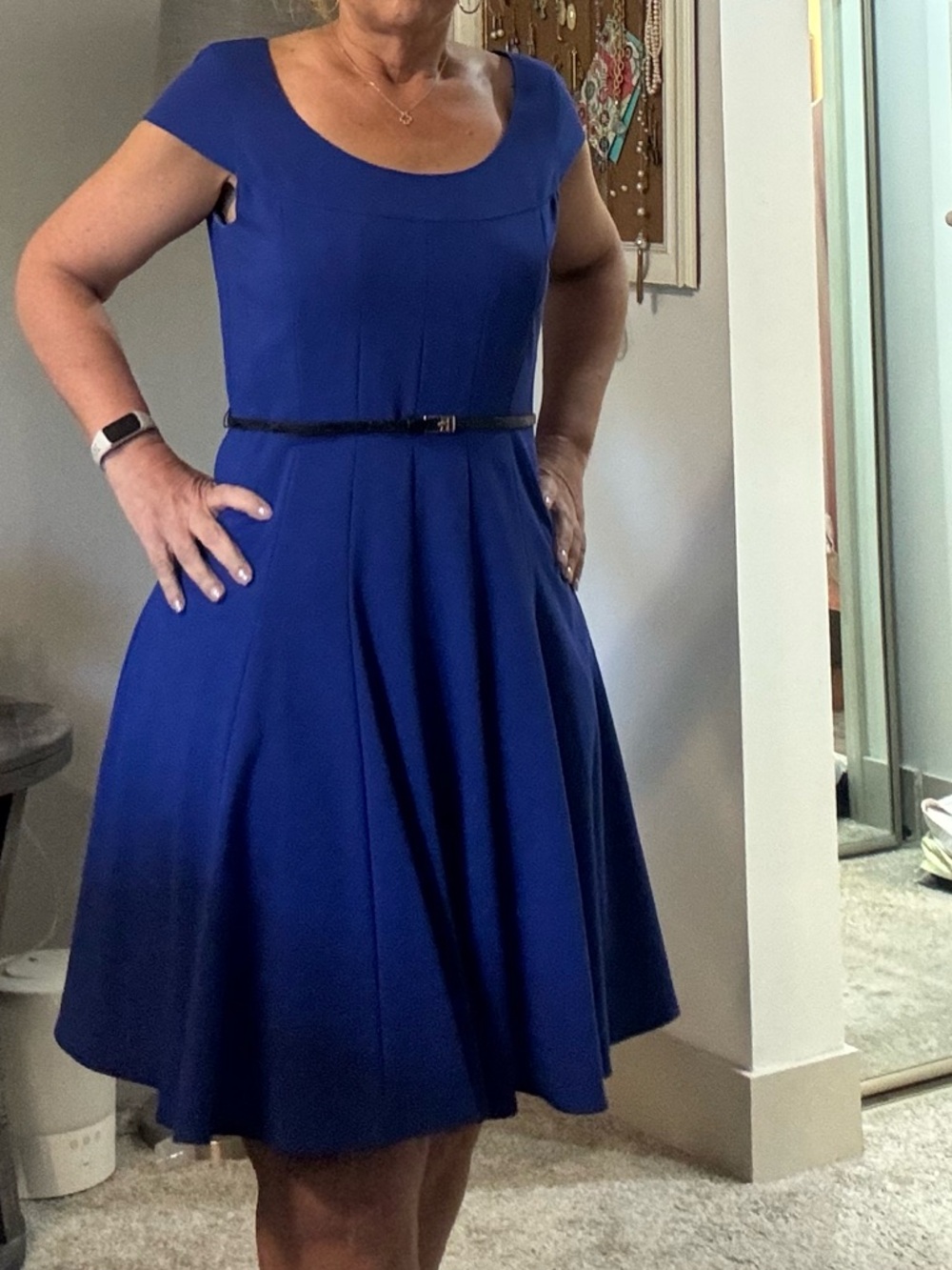 Calvin Klein Royal Blue Midi Fit-and-Flare Dress with Slim Belt